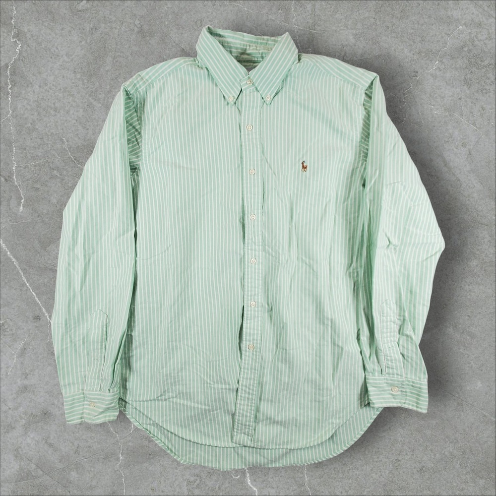 Ralph Lauren Button Down Mens L Green White Striped Classic Fit Oxford Shirt